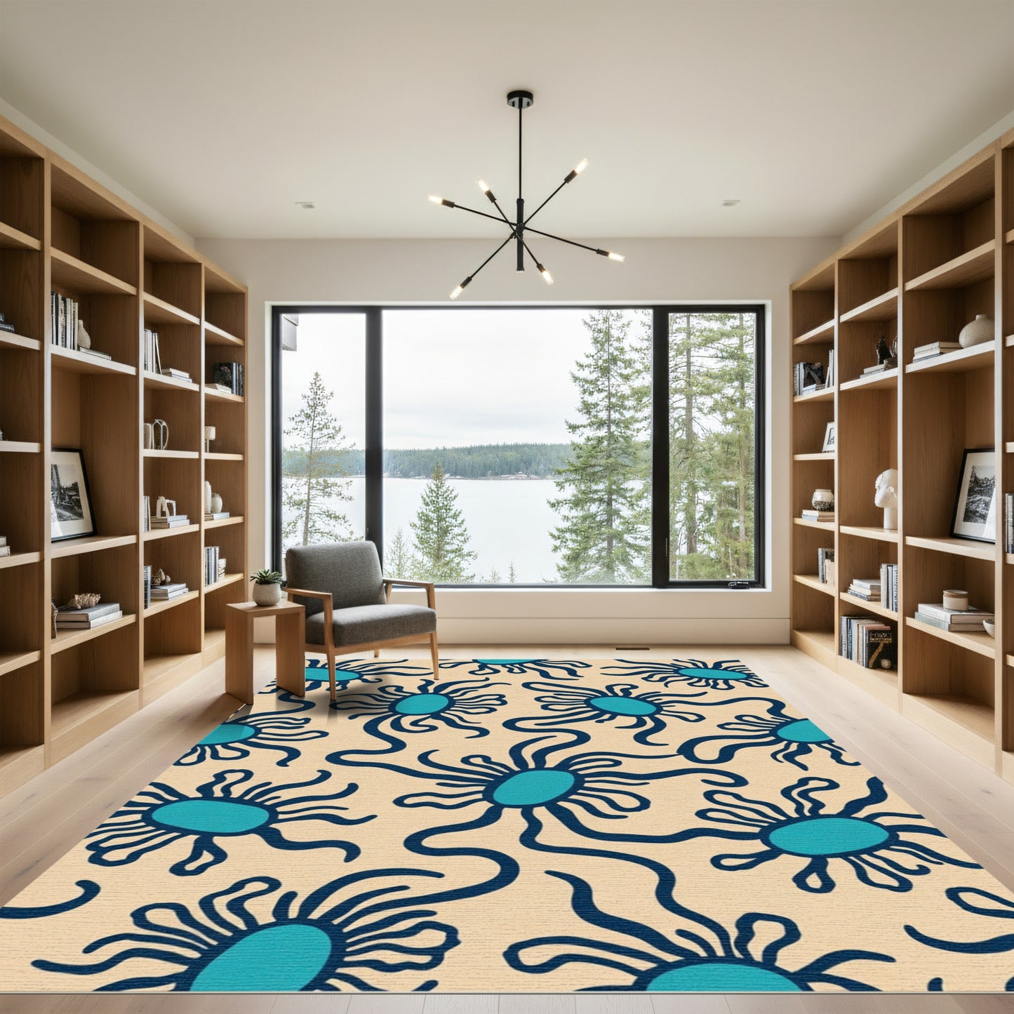 Abstract Blue Spoke Sun Cream Rug