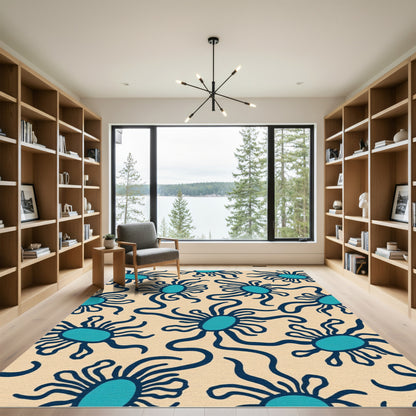 Abstract Blue Spoke Sun Cream Rug