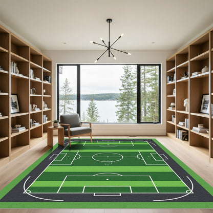 Vibrant Geometric Green Soccer Field Rug