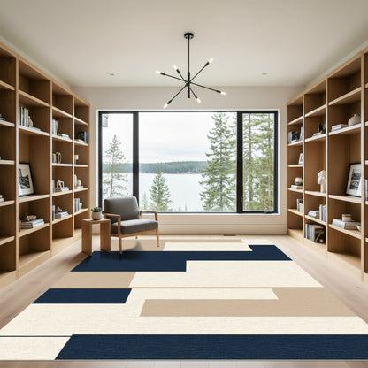 Modern Navy Cream Tan Blocks Rug