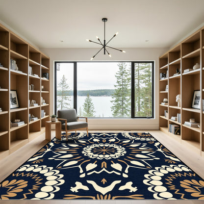 Navy Cream Gold Mandala Medallion Rug