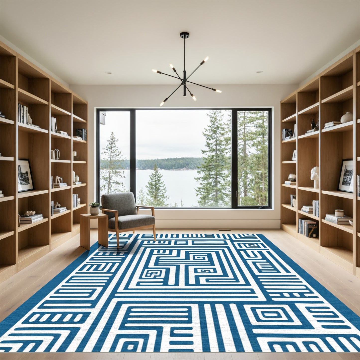 Bold Blue White Maze Geometric Composition Rug