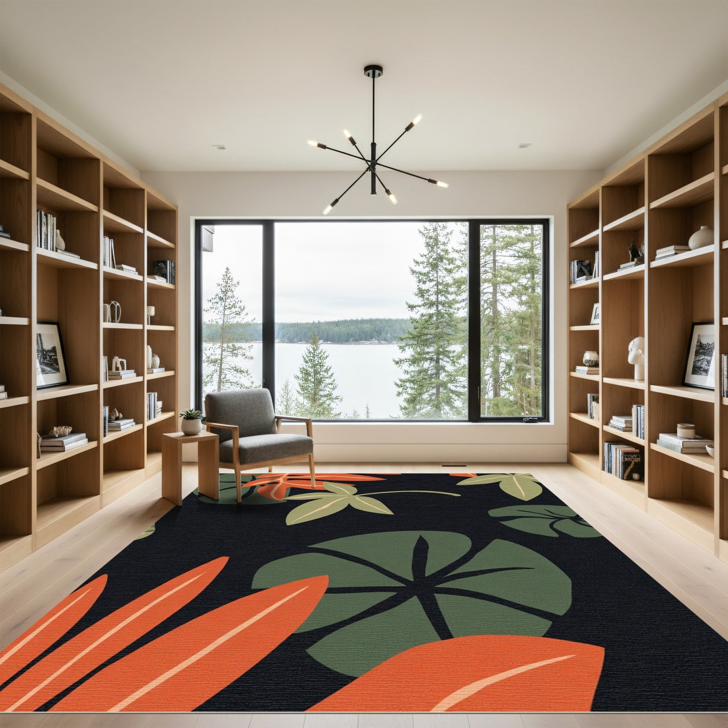 Bold Orange Green Leaf Collage Rug