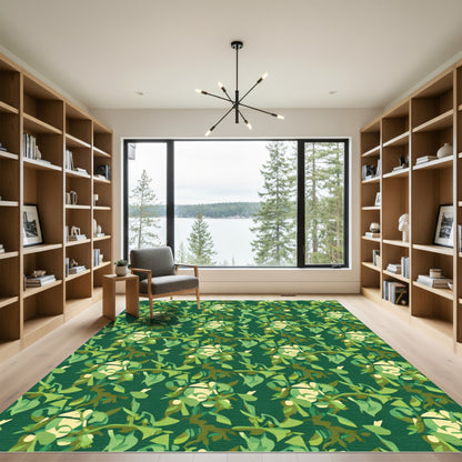 Deep Forest Green Leafy Branch Rug