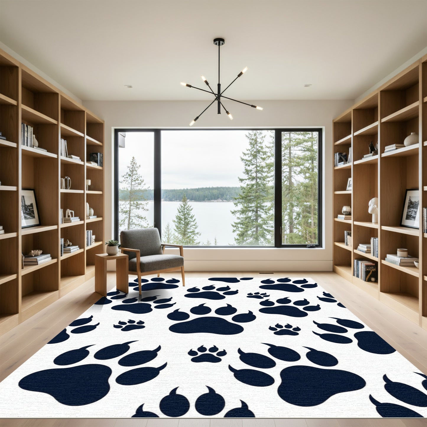 Navy Black Animal Paw Footprint Rug