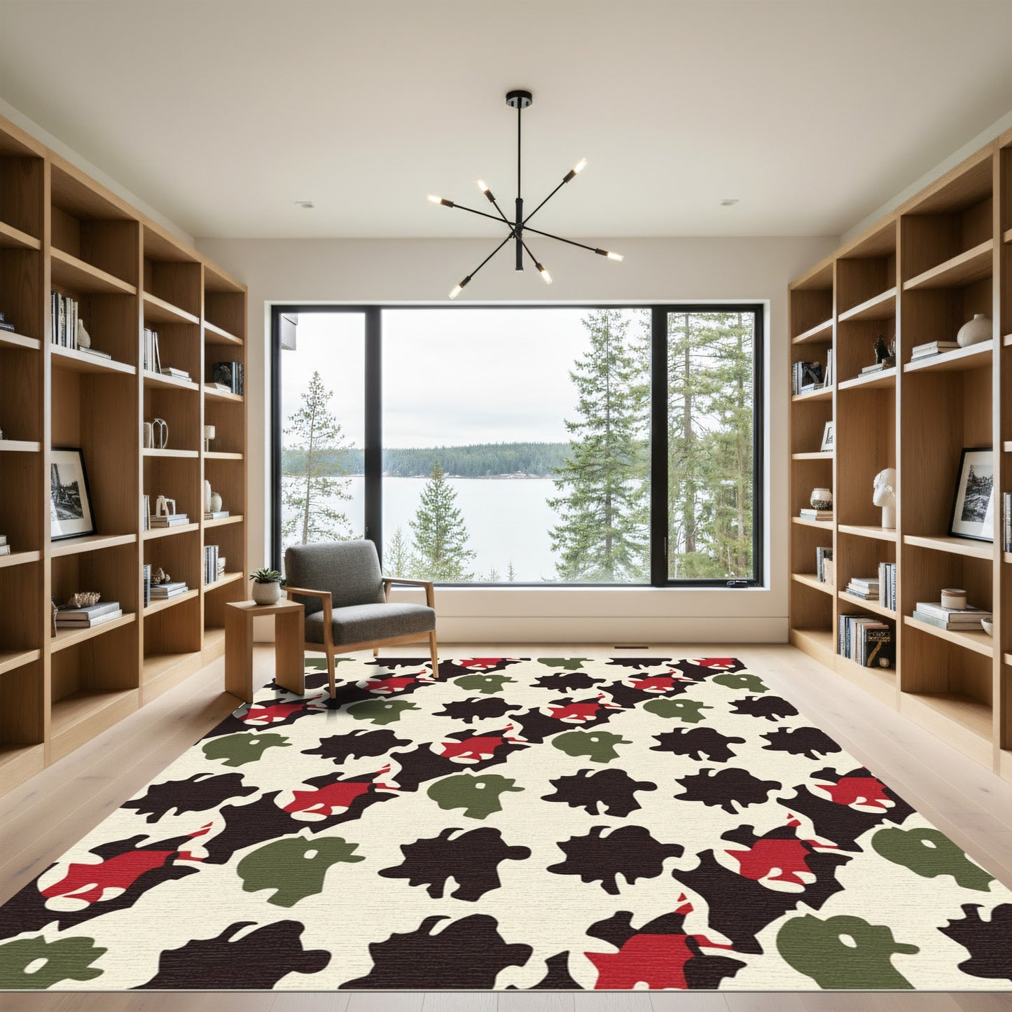 Abstract Red Green Black Organic Shapes Rug