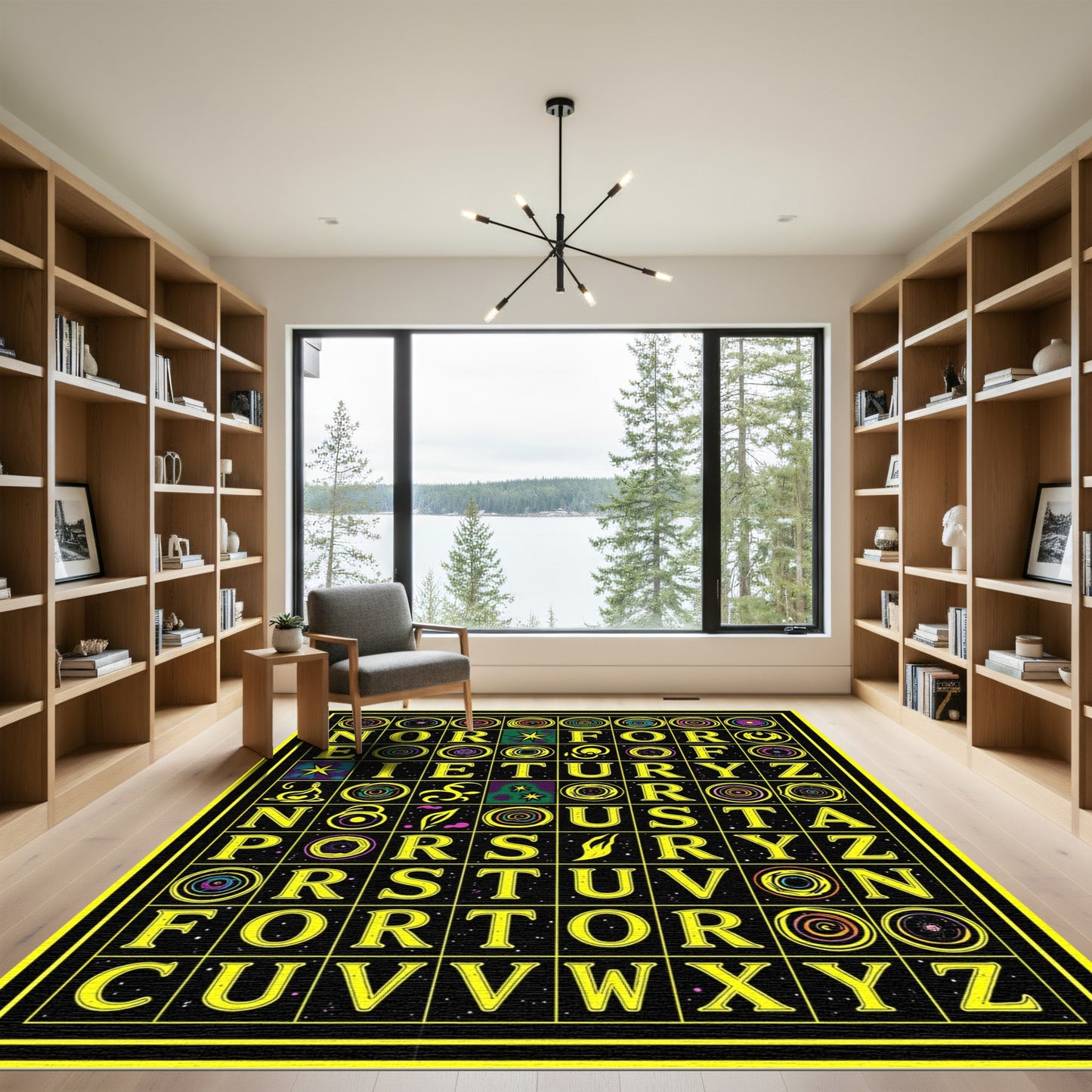 Yellow Alphabet Swirl Medallion Grid Rug
