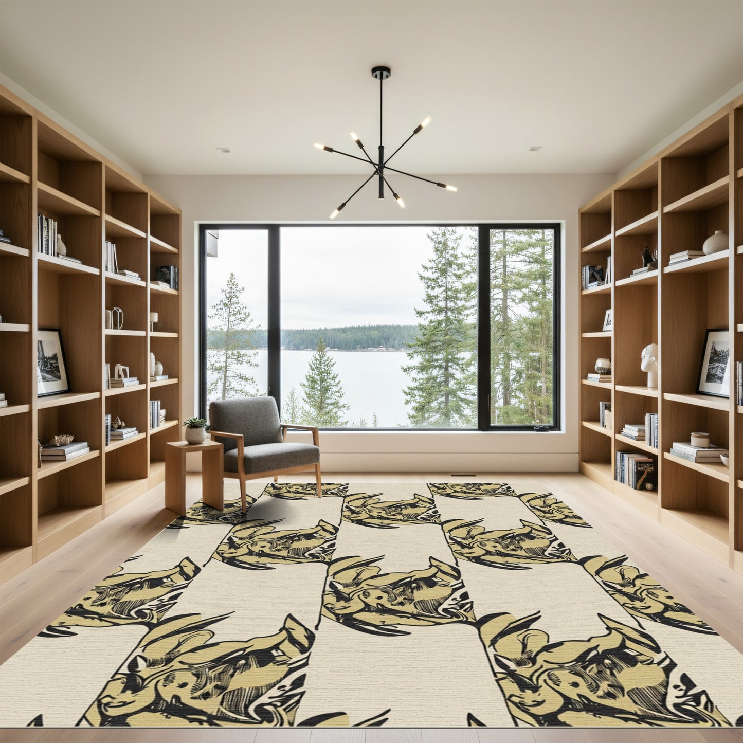 Cream Black Golden Floral Scroll Rug