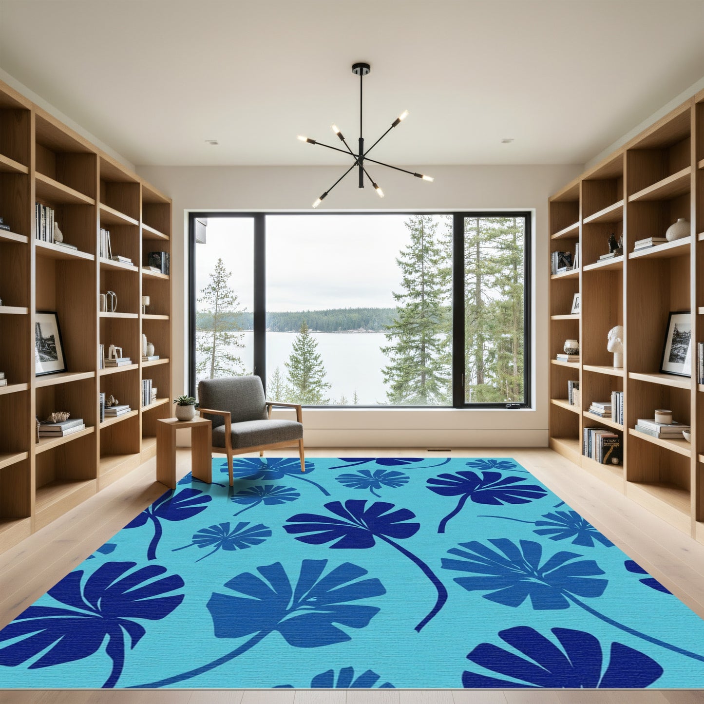 Deep Blue Palm Frond Meadow Rug