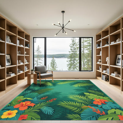 Lush Green Tropical Hibiscus Jungle Rug