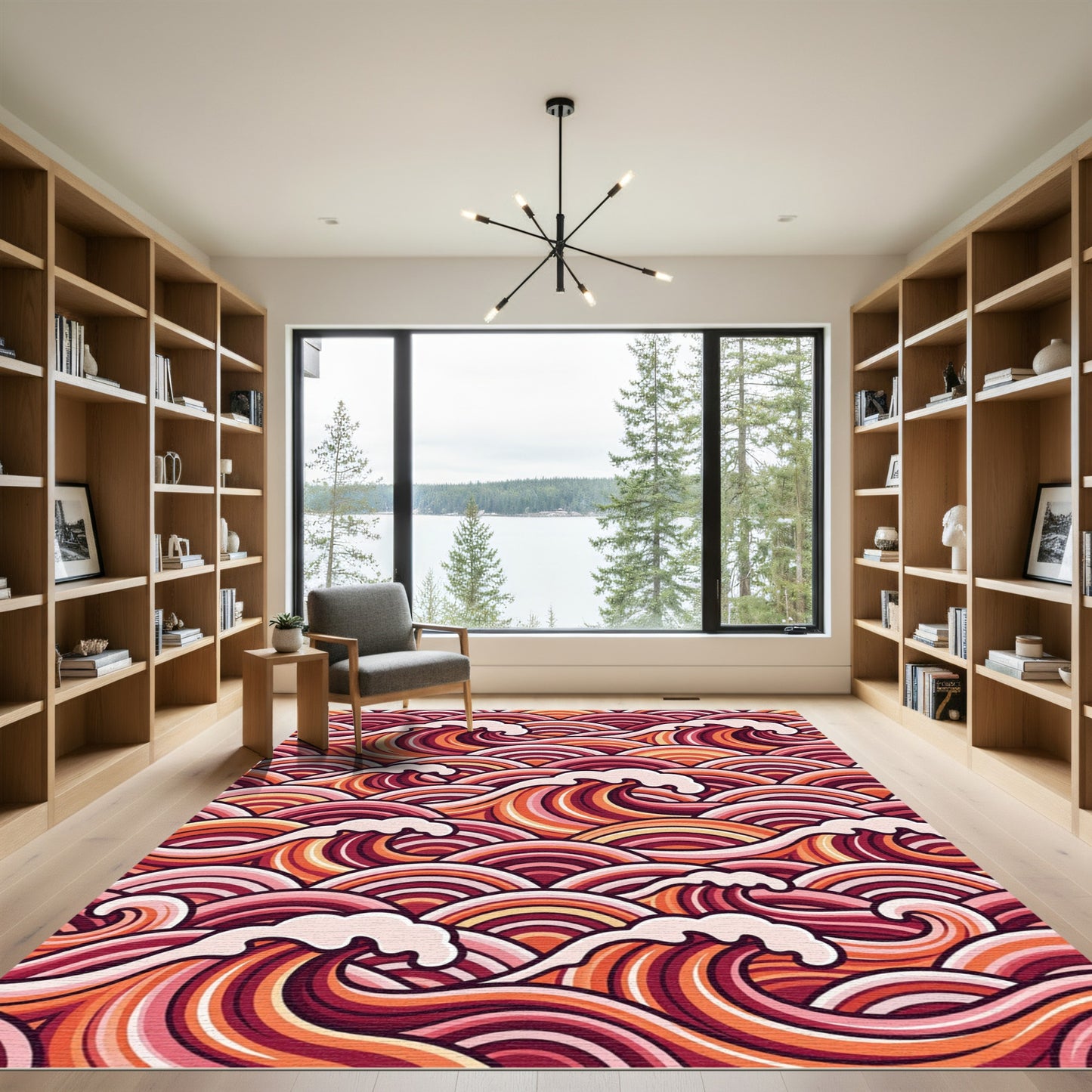 Crimson Orange Abstract Wave Art Rug