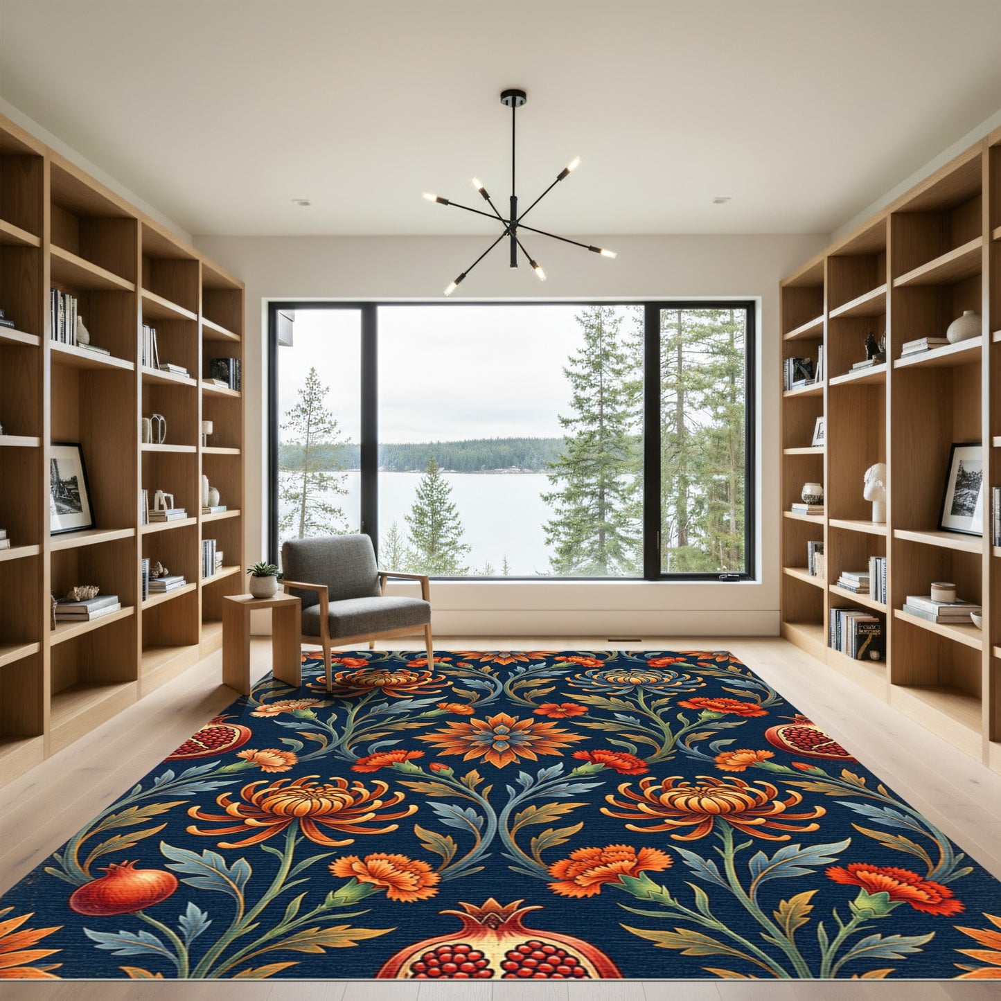 Rich Orange Floral Pomegranate Dark Rug