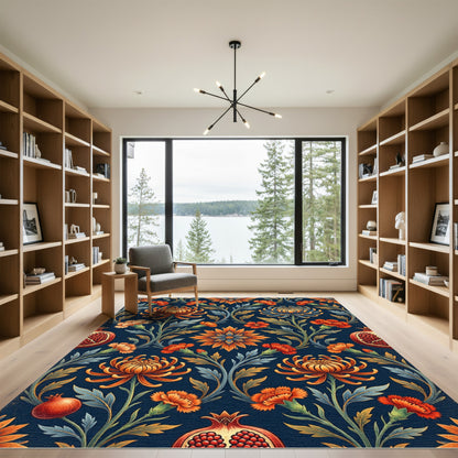 Rich Orange Floral Pomegranate Dark Rug