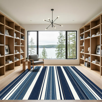 Modern Deep Blue Textured Stripe Rug