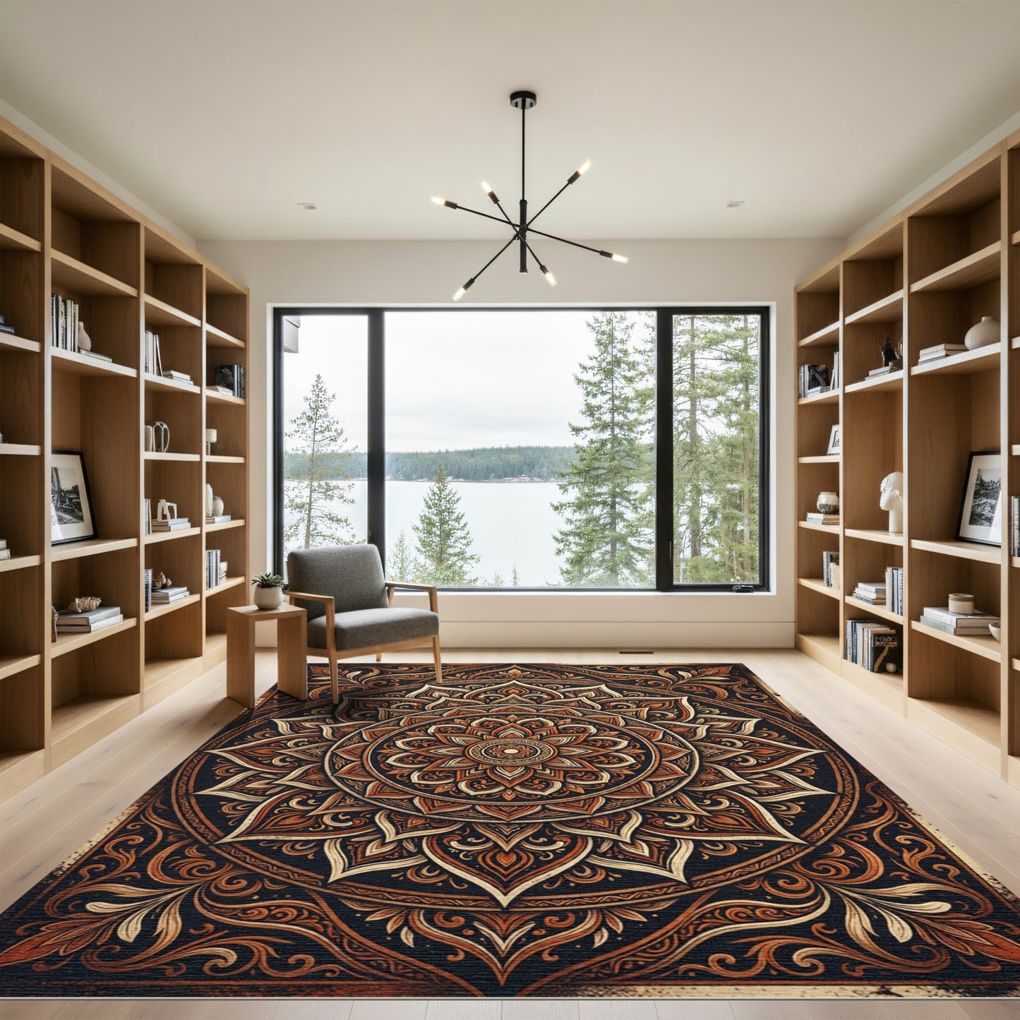 Earthy Copper Lotus Mandala Art Rug