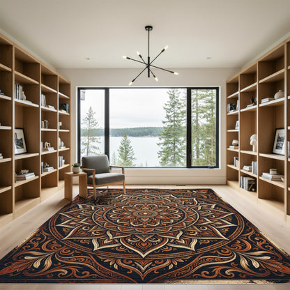 Earthy Copper Lotus Mandala Art Rug