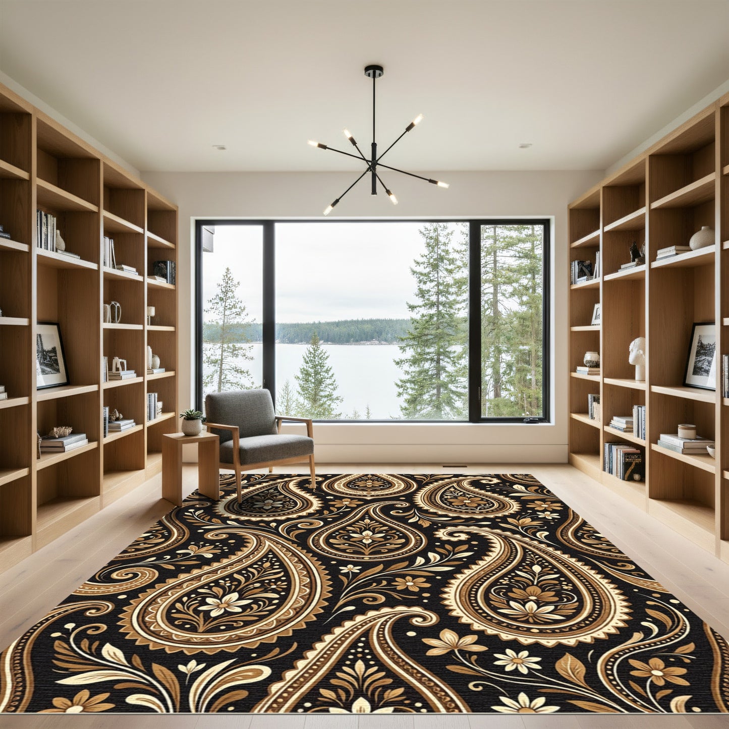 Elegant Black and Gold Paisley Scroll Rug