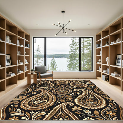 Elegant Black and Gold Paisley Scroll Rug