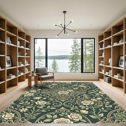 Elegant Cream Rose Dark Forest Medallion Rug