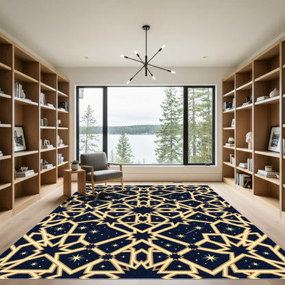 Golden Celestial Geometric Starry Midnight Tapestry Rug