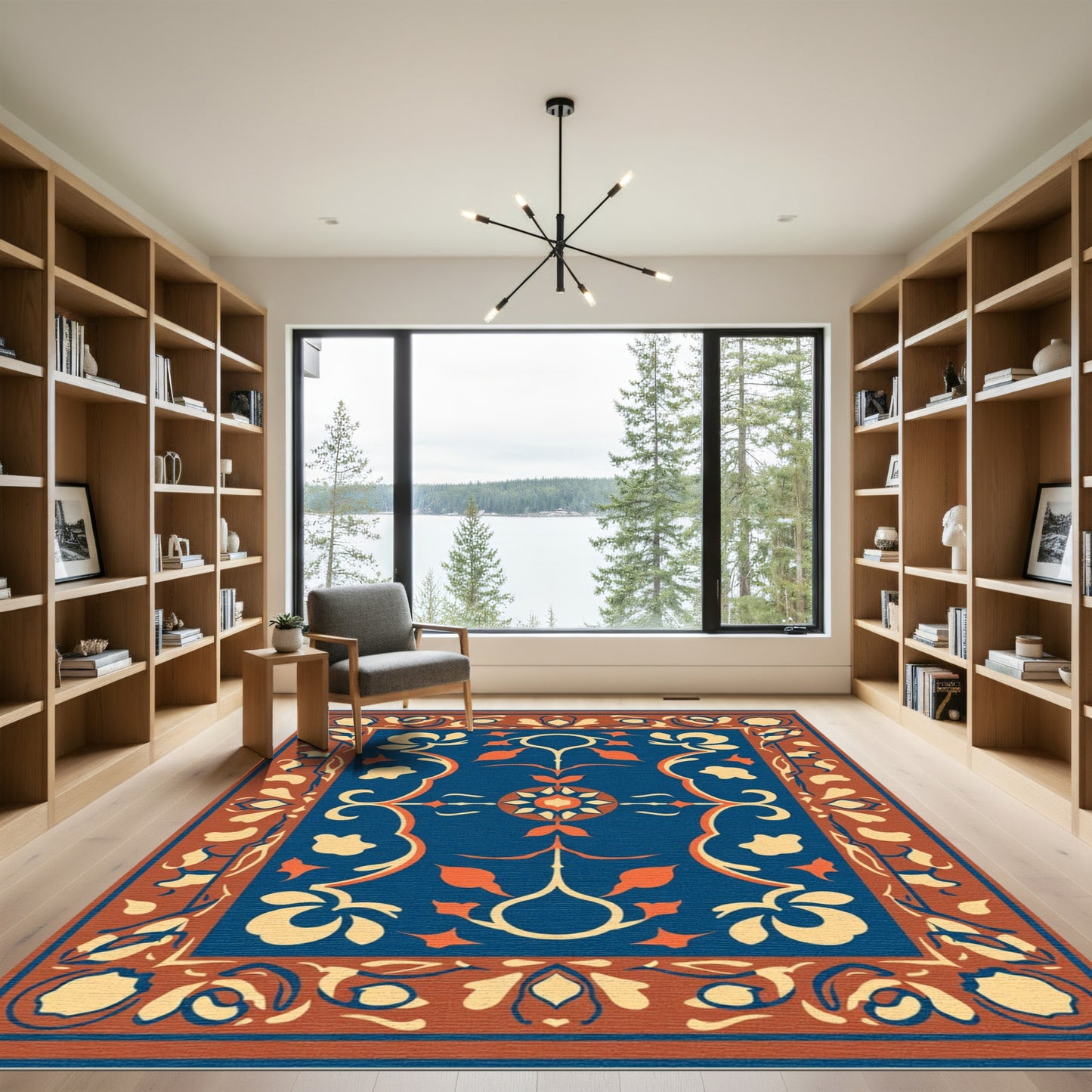 Deep Blue Amber Floral Scroll Rug