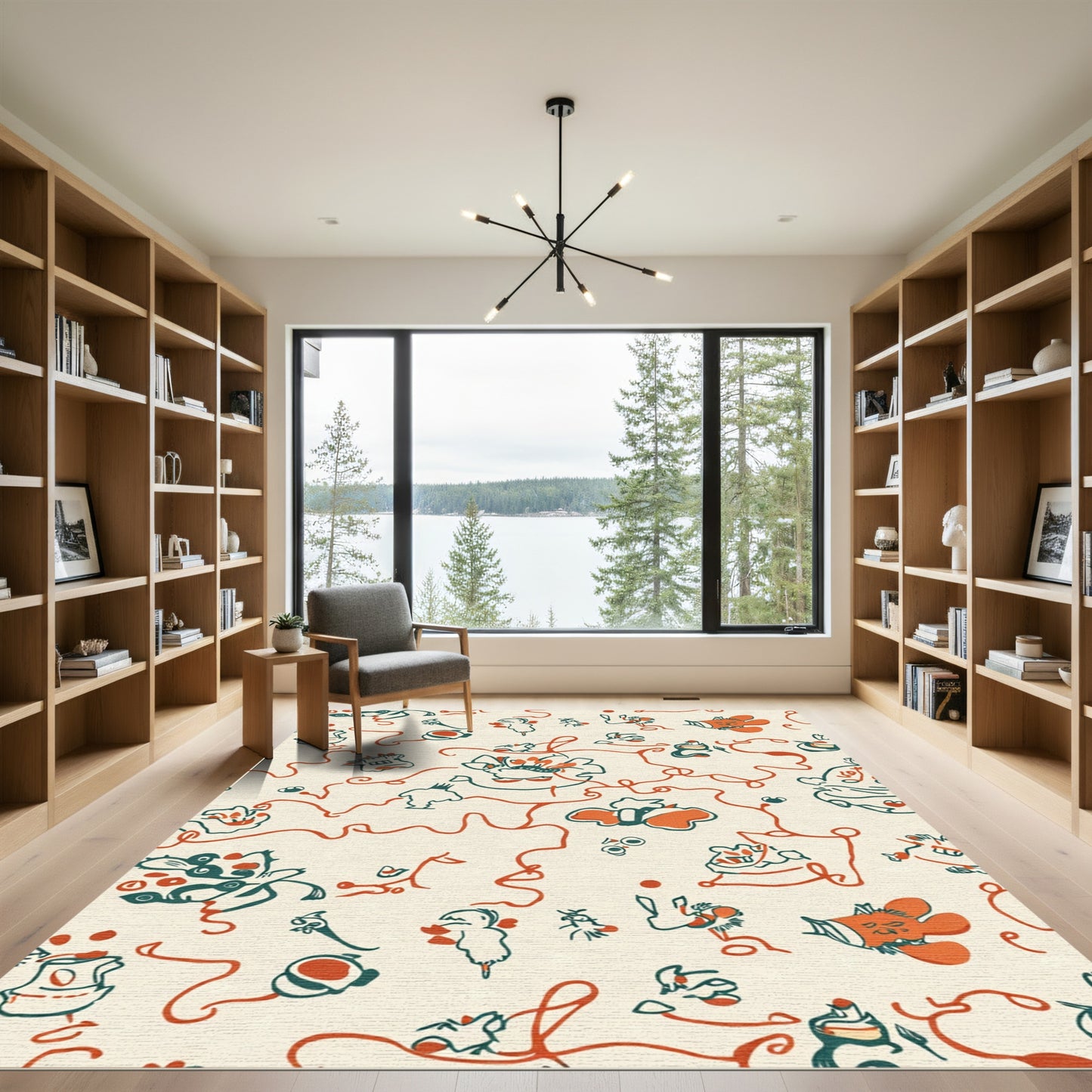 Whimsical Whimsical Creatures with Red Swirls Rug