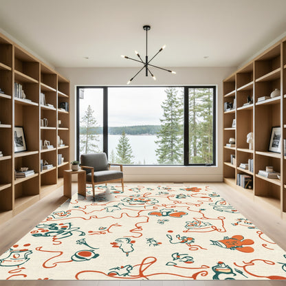 Whimsical Whimsical Creatures with Red Swirls Rug
