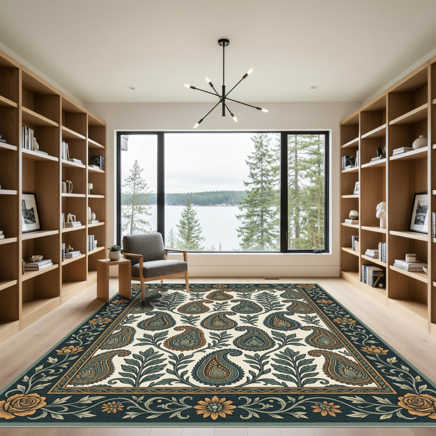 Emerald Teal Paisley Floral Border Rug