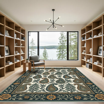 Emerald Teal Paisley Floral Border Rug