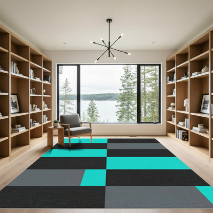 Bold Cyan and Charcoal Geometric Block Rug