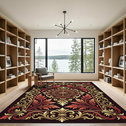 Ornate Red Gold Leaf Frame Rug