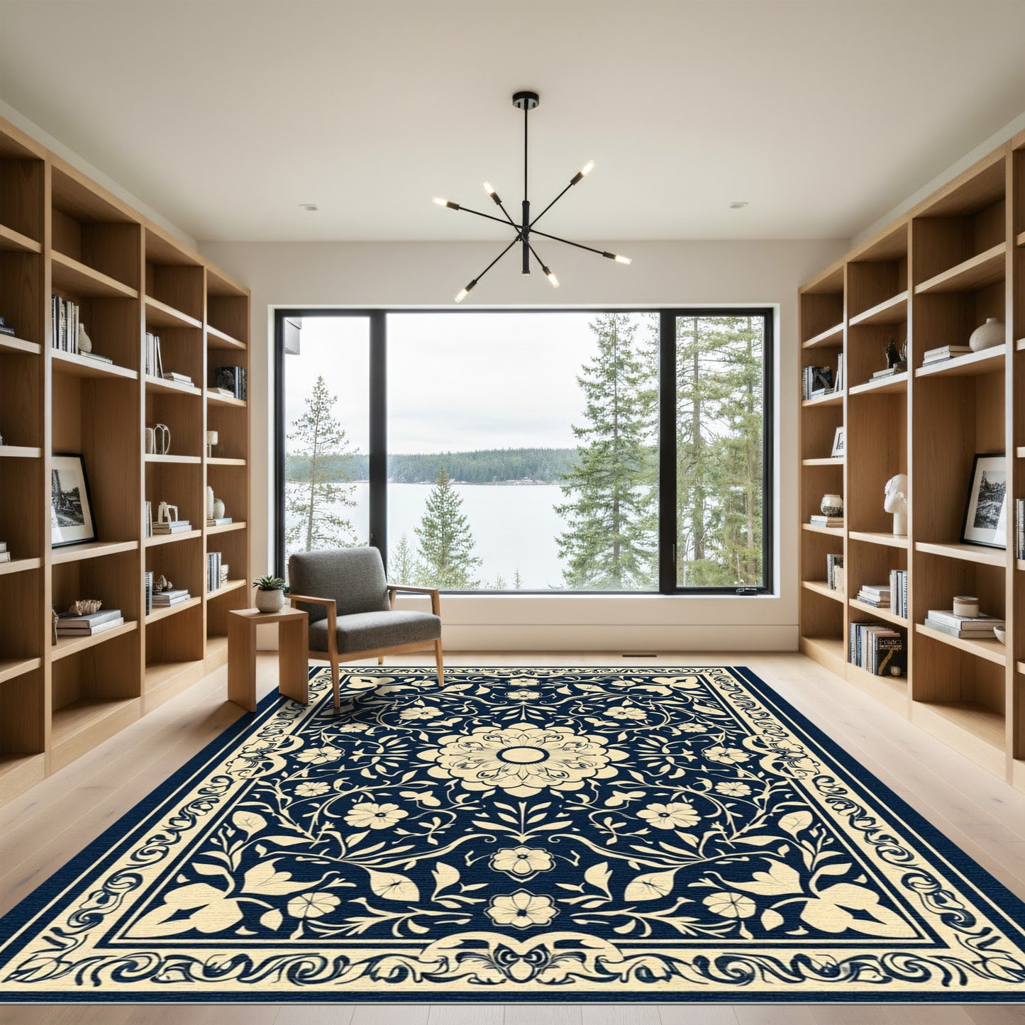Cream Floral Scroll Border Navy Rug