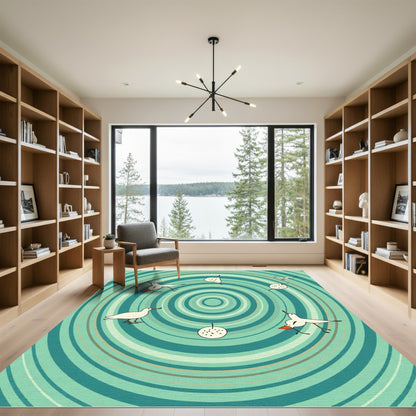 Teal Concentric Circles Whimsical Birds Rug