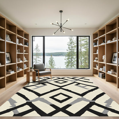 Ecru and Black Geometric Diamond Overlay Rug