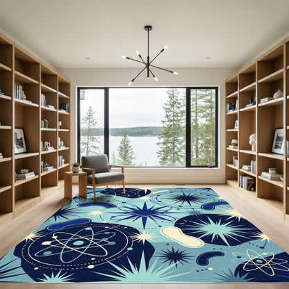 Abstract Atomic Blue Starburst Collage Rug
