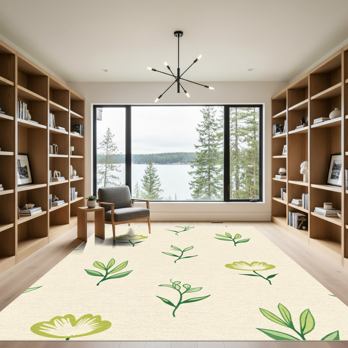 Green Leafy Floral Botanical Arrangement Rug