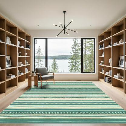 Teal Ivory Organic Stripe Texture Rug