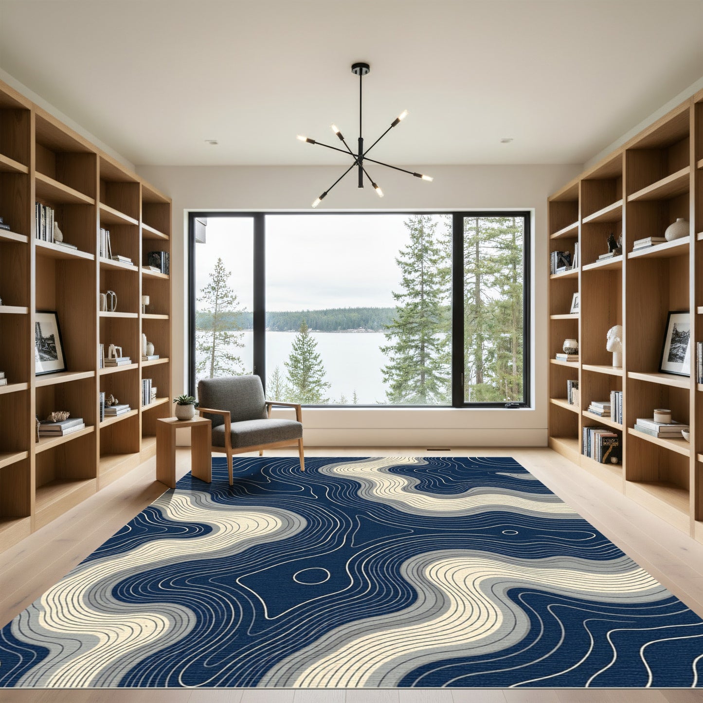 Modern Navy Cream Topographic Contour Flow Rug