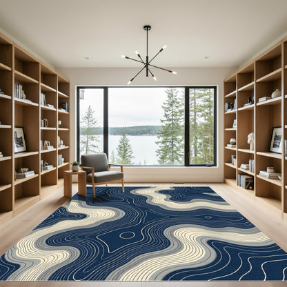 Modern Navy Cream Topographic Contour Flow Rug