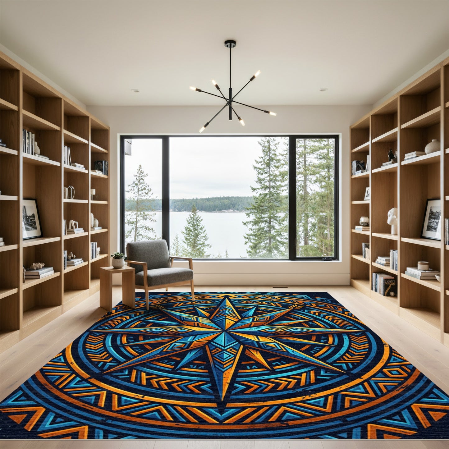 Celestial Blue and Gold Geometric Star Rug