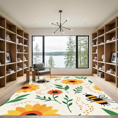 Sunny Yellow Bee Floral Meadow Rug