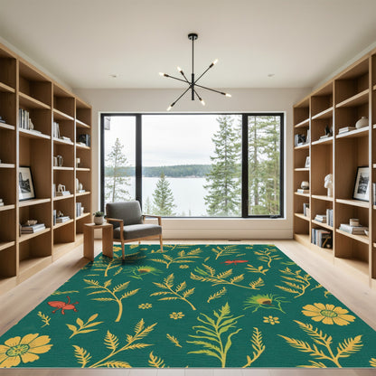 Deep Teal Botanical Insect Flora Rug
