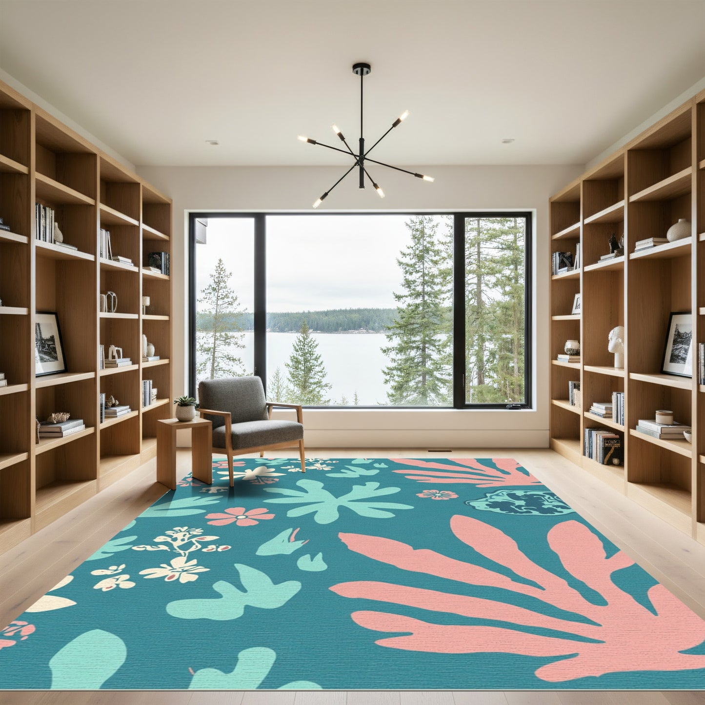 Teal Coral Blossom Leaf Arrangement Rug