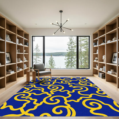 Bold Yellow Swirl Blue Abstract Rug