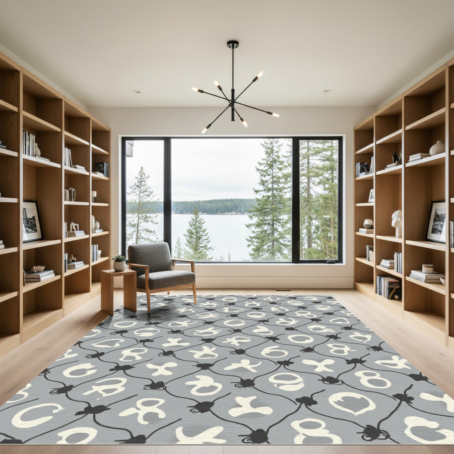Gray Off White Abstract Symbol Grid Rug