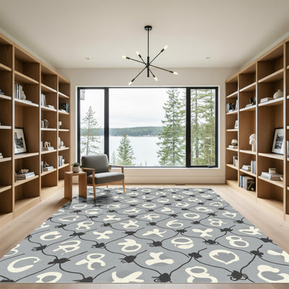Gray Off White Abstract Symbol Grid Rug