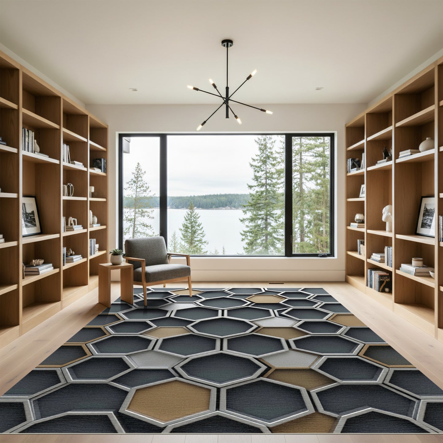 Modern Industrial Bronze Gray Geometric Hexagon Rug