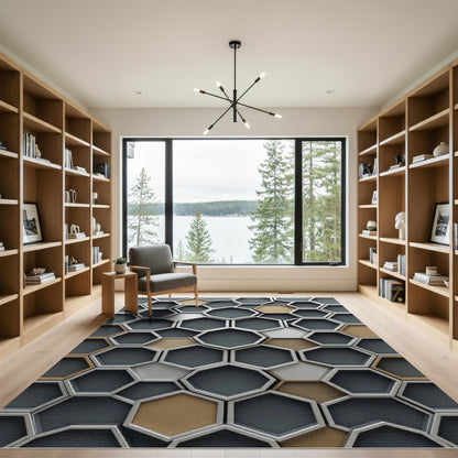 Modern Industrial Bronze Gray Geometric Hexagon Rug