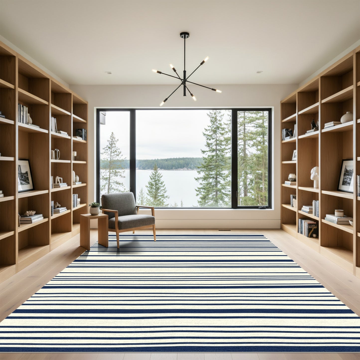 Cream and Navy Hand-Drawn Stripes Rug