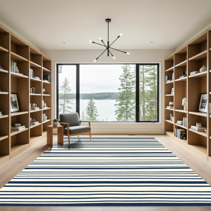 Cream and Navy Hand-Drawn Stripes Rug